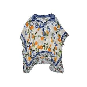 John Mark Women's 2X/3X Tropical Orange Print Tunic Relaxed Popover Style Blouse